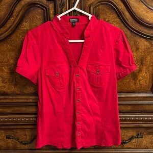 Express Short-Sleeve Button-Front Shirt in Bright Red Size M